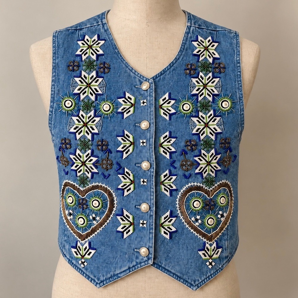 Vintage Beaded Denim Vest Medium Blue Cotton Western Cambridge Country Store